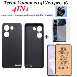 4in1 เคสโทรศัพท์ ซิลิโคนนิ่ม กันกระแทก ฟิล์มเซรามิก ฟิล์มเลนส์ ฟิล์มด้านหลัง สีดํา สําหรับ Tecno Camon 20 Pro 5G 4G Camon 20 Camon 18 18PCamon 19 Camon 18 Premier