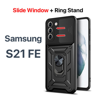 เคส Samsung S21 FE 5G S21 S22 Plus Ultra 5G หน้าต่างบานเลื่อน การป้องกันกล้อง ขาตั้งแหวนโลหะ เคสแข็ง เคส Samsung S21 5G เคส Samsung S21 Plus 5G เคส Samsung S22 เคส Samsung S22 Plus เคส Samsung S22 Ultra เคส Samsung S21 Ultra เคส