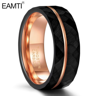 Eamti แหวนทังสเตน สีดํา เส้นสีโรสโกลด์ 24K ขนาด 8 มม. สําหรับผู้ชาย ผู้หญิง งานแต่งงาน 5-14