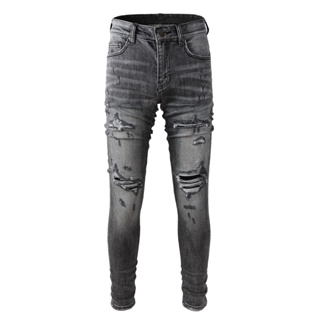 High Street AMIRI Jeans แฟชั่นแบรนด์ผู้ชายกางเกงยีนส์วินเทจสีเทายืดผอมฉีกกางเกงยีนส์