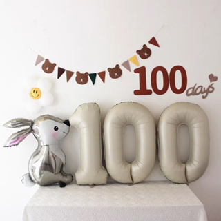 Ins Woodland Rabbit Deer Tiger แบนเนอร์ ลายหมี กวาง กระต่าย เสือ กาแฟ ไม่ทอ 100 วัน ตัวเลข 32 นิ้ว สีครีม 100 ลูกโป่ง สําหรับตกแต่งพื้นหลัง