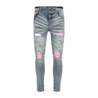 TRENDAMIRI Street Fashion Men Jeans Blue Vintage Tight Pink Patch Patch Men Hip Hop Brand Denim Pants