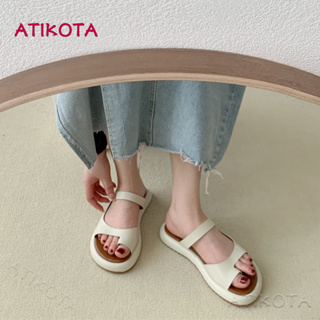 Atikota รองเท้าแตะลําลอง ส้นแบน หัวกลม เหมาะกับเดินชายหาด แฟชั่นฤดูร้อน สําหรับสตรี