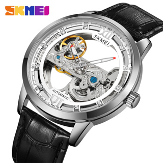 Skmei หน้าปัดใส กลวง ออก ออกแบบ นาฬิกาสําหรับผู้ชาย หนัง อัตโนมัติ นาฬิกาข้อมือ กลไก หรูหรา ผู้ชาย กันน้ํา นาฬิกาธุรกิจ