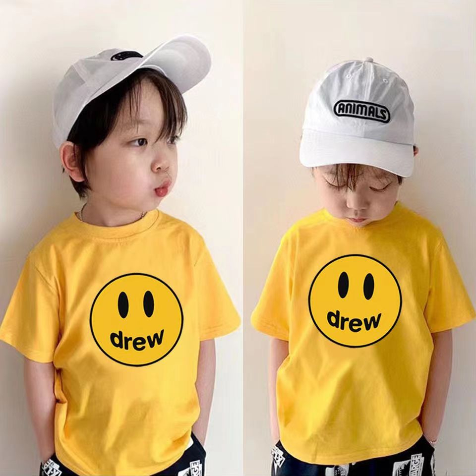 ยิ้ม-เสื้อครอป-drew-house-cotton-drew-smiley-face-tide-brand-childrens-short-sleeve-t-shirt-2021-summer-new-boys-and-girls-foreign-fashion-printed-t-shirt