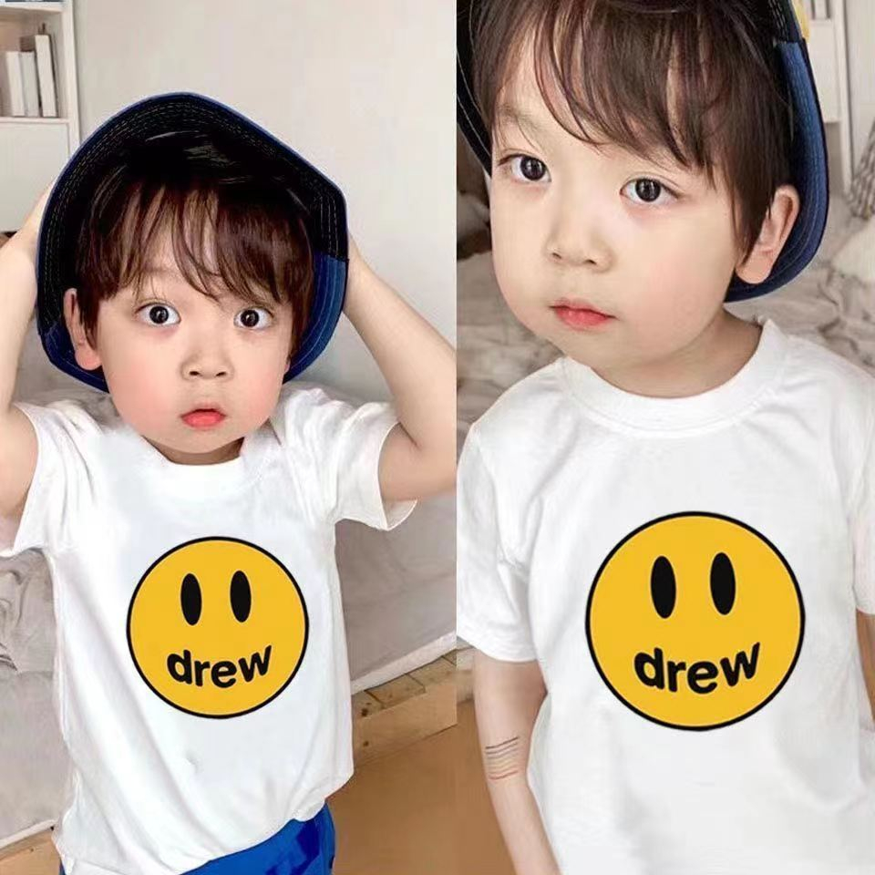 ยิ้ม-เสื้อครอป-drew-house-cotton-drew-smiley-face-tide-brand-childrens-short-sleeve-t-shirt-2021-summer-new-boys-and-girls-foreign-fashion-printed-t-shirt