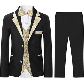 เสื้อแจ็กเก็ตสูท เสื้อกั๊ก กางเกงขายาว ประดับโบว์ สีทอง สําหรับเด็กผู้ชาย ใส่ไปงานพรอม งานแต่งงาน ปาร์ตี้ 5 ชิ้น