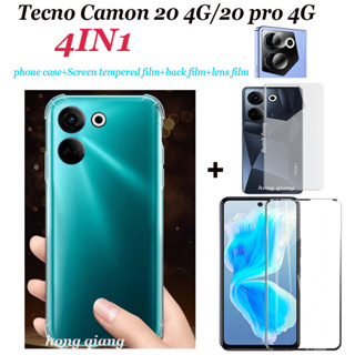 4in1 Tecno Camon 20 Pro เคสโทรศัพท์ใส Tecno Camon 20 4G Camon 18 /18P เคสโทรศัพท์ กันกระแทก แบบใส + ฟิล์มนิรภัย เต็มจอ + ฟิล์มคาร์บอนไฟเบอร์ สีดํา
