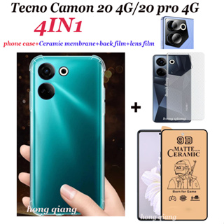 (4 In 1) Tecno Camon 20 Pro Camon 20 4G เคสโทรศัพท์, เคสโทรศัพท์ กันกระแทกสี่มุม แบบใส + ฟิล์มเซรามิคหน้าจอ + ฟิล์มเลนส์ + ฟิล์มด้านหลัง