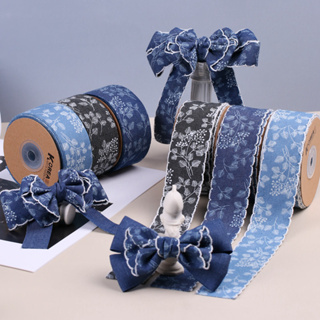 โบว์ผ้าโพกศีรษะ ผ้ายีน พิมพ์ลายลูกไม้ 1 เมตร กว้าง 4 ซม. แฮนด์เมด DIY