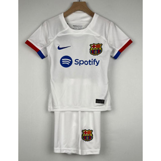 เสื้อกีฬาแขนสั้น ลายทีมชาติฟุตบอล Barcelona ชุดเยือน สีขาว สําหรับเด็ก 2023/24