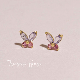 Th Super Fairy Style~ ต่างหูเงินสเตอร์ลิง รูปผีเสื้อ ประดับเพทาย ขนาดเล็ก ระดับไฮเอนด์ สีม่วง สีคอนทราสต์