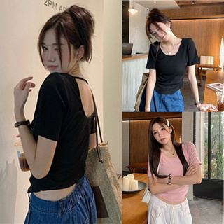 WANG JIAO ZHAN ใหม่ เสื้อครอปท็อป แขนสั้น เปิดหลัง เข้ารูป สีพื้น ดีไซน์ใหม่