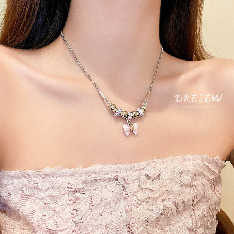 drejew-หวาน-สีชมพู-คริสตัล-โบว์-หัวใจ-สร้อยคอแฟชั่น-อารมณ์-กระดูกไหปลาร้า-โซ่