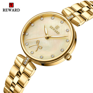 Reward นาฬิกาข้อมือควอทซ์ ประดับโบว์ พลอยเทียม สายสแตนเลส กันน้ํา สีทอง แฟชั่นคลาสสิก สําหรับผู้หญิง