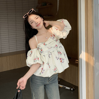 เสื้อเชิ้ตแขนสั้น เปิดไหล่ แขนพัฟ ลายดอกไม้ ขนาดเล็ก สไตล์ฝรั่งเศส เหมาะกับฤดูร้อน สําหรับผู้หญิง