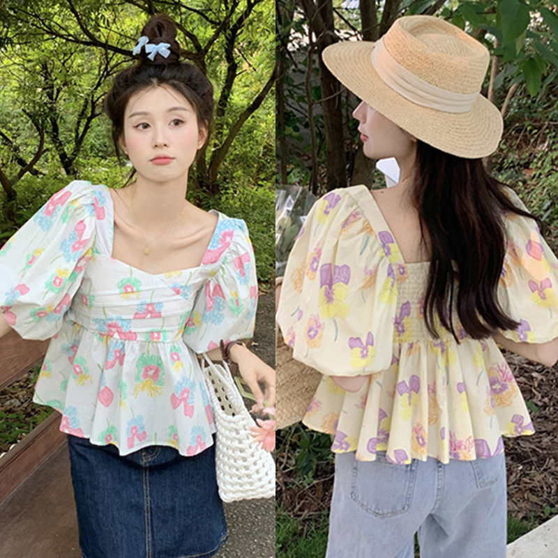 เสื้อเชิ้ตแขนสั้น-คอสี่เหลี่ยม-ผ้าชีฟอง-ลายดอกไม้-สไตล์ฝรั่งเศส-เรโทร-สุดชิค-สุดชิค-แบบแคบ-เก็บเอว-สําหรับผู้หญิง