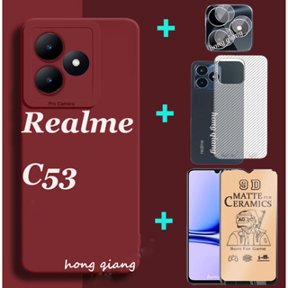 (4 In1) Realme C53 เคสโทรศัพท์ ซิลิโคนนิ่ม สีแคนดี้ + ฟิล์มเซรามิคหน้าจอ + ฟิล์มเลนส์ + ฟิล์มด้านหลัง