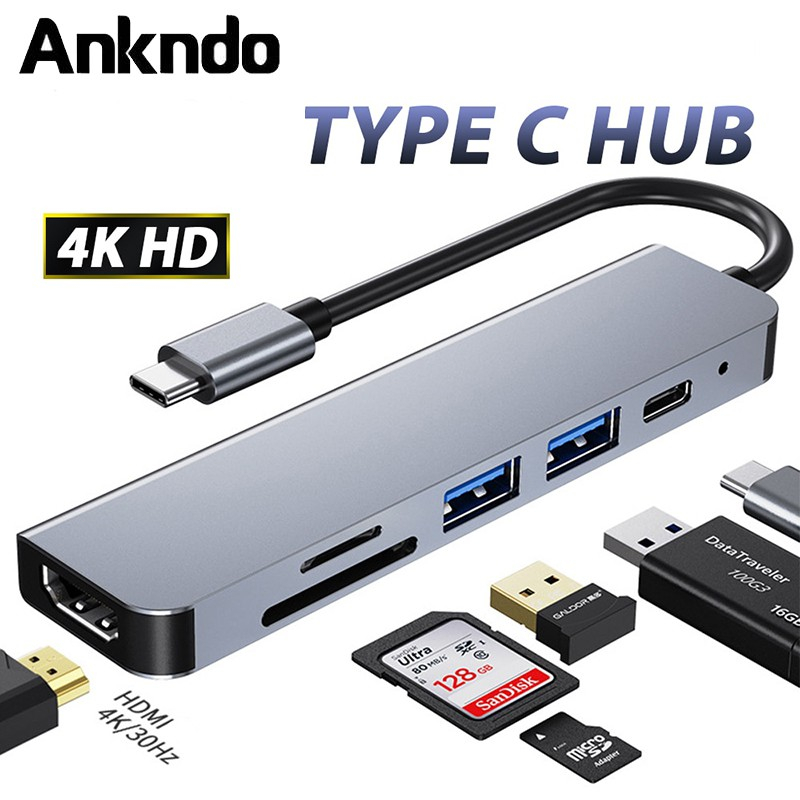 ankndo-6in1-hub-แปลง-type-c-to-hdmi-usb3-0-pd-อะแดปเตอร์-6-in-1-4k-hdmi-usb-3-0-pd-fast-charging-adapter-สำหรับ