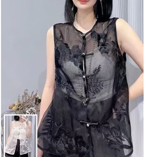 ฤดูร้อนใหม่ สไตล์จีน จีน สไตล์ ออแกนซ่า เสื้อกั๊ก สุภาพสตรี ย้อนยุค หนัก อุตสาหกรรม เย็บปักถักร้อย บาง ชั้นบน จับคู่ด้านนอก