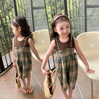 【ชุดเด็กผู้หญิง】เสื้อกั๊ก ลายสก๊อตน่ารัก สไตล์เกาหลี เหมาะกับฤดูร้อน สําหรับเด็กผู้หญิง สองชิ้น