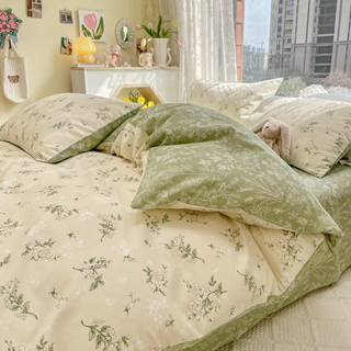 4 IN 1 ชุดเครื่องนอน ผ้าปูที่นอน ผ้าฝ้าย 100% พิมพ์ลายดอกไม้ สไตล์สด ขนาดเล็ก ปลอกหมอน ผ้านวม เตียงเดี่ยว ควีนไซซ์ คิงไซส์