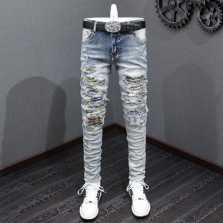 AMIRI High quality street fashion men jeans blue retro tight elastic patch designer same hip-hop men jeans