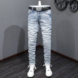 TRENDAMIRI High quality street fashion men jeans retro light blue elastic tight fitting brand designer same men denim pants