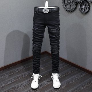 TRENDAMIRI Street Fashion Men Jeans Black Elastic Tight Leather Patch Panel Designer Style Men Denim Pants