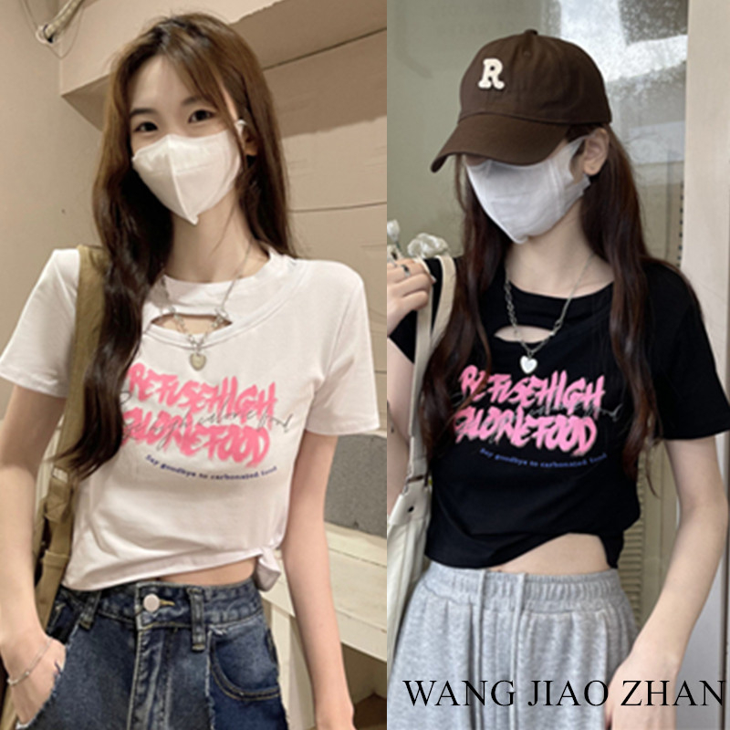 wang-jiao-zhan-เสื้อยืดพิมพ์ลายตัวอักษรสั้นสไตล์สาวฮอตสไตล์ตะวันตก