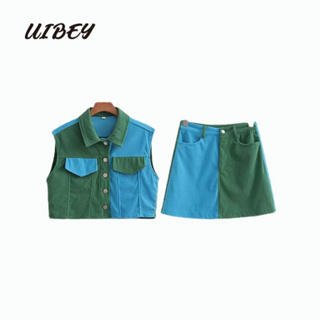 Uibey เสื้อแขนกุด คอปก สีตัดกัน + กระโปรงยาวครึ่งตัว เอวสูง 3398