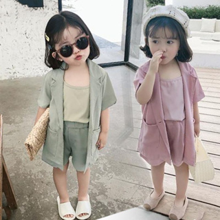 【ชุดเด็กผู้หญิง】ชุดสูทแขนสั้น ผ้าเรยอน และผ้าอะซิเตท แฟชั่นฤดูใบไม้ผลิ และฤดูร้อน สไตล์เกาหลี สําหรับเด็กผู้หญิง 2023