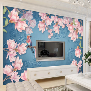 วอลเปเปอร์ติดผนัง ลายดอกไม้แมกโนเลีย นก 3D สไตล์ยุโรป สําหรับตกแต่งบ้าน ห้องนั่งเล่น ห้องรับประทานอาหาร พื้นหลังทีวี