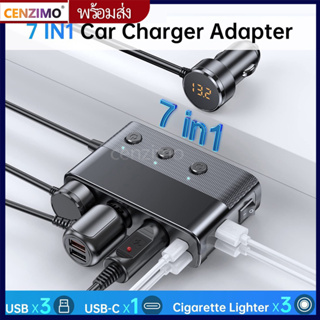 Cenzimo 7 In 1 อะแดปเตอร์ซ็อกเก็ตชาร์จบุหรี่ในรถยนต์ 3 ซ็อกเก็ต 12V 24V DC 128W พร้อม QC 3.0 USB-C PD 30W 2*USB 11A 3.3 ฟุต สวิตช์ไฟ LED โวลต์