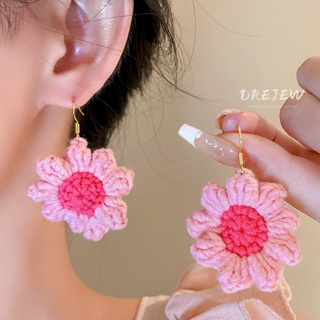 Drejew หวาน สีชมพู ดอกไม้ ทอเฉพาะ การออกแบบ เกินจริง ต่างหู ความรู้สึก บุคลิกภาพ อารมณ์ ต่างหู ผู้หญิง