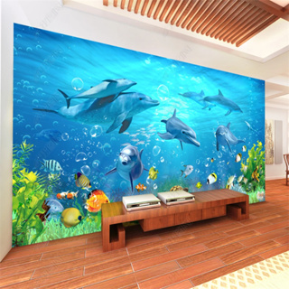 วอลเปเปอร์ติดผนัง ลายปลาโลมา 3D สําหรับตกแต่งห้องนั่งเล่น ห้องนอนเด็ก ออฟฟิศ
