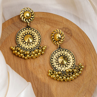 ต่างหูอินเดีย Jhumka สําหรับผู้หญิง สีทองโบราณ ลายดวงอาทิตย์ ทรงกลม จี้ต่างหู วินเทจ ชนเผ่า ลูกปัด เครื่องประดับพู่