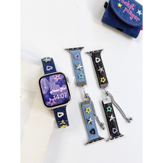 สายนาฬิกาข้อมือหนัง ผ้ายีน ลายดาว สําหรับ Apple Watch 8 7 6 SE 5 4 3 2 1