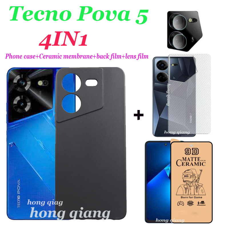 4in1-เคสโทรศัพท์ซิลิโคน-แบบนิ่ม-กันกระแทก-ฟิล์มเซรามิก-ฟิล์มเลนส์-ฟิล์มด้านหลัง-สีดํา-สําหรับ-tecno-pova-5-pova-4-pova-4-pro-pova-3-pova-5-pro