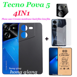4in1 เคสโทรศัพท์ซิลิโคน แบบนิ่ม กันกระแทก ฟิล์มเซรามิก ฟิล์มเลนส์ ฟิล์มด้านหลัง สีดํา สําหรับ Tecno Pova 5 Pova 4 Pova 4 Pro Pova 3 Pova 5 Pro