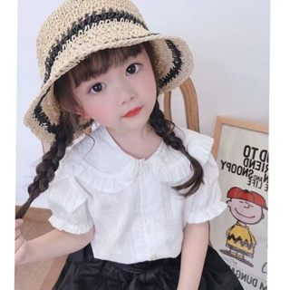 เสื้อเบลาส์ลําลอง แขนสั้น คอตุ๊กตา สีขาว สไตล์เกาหลี สําหรับเด็กผู้หญิง