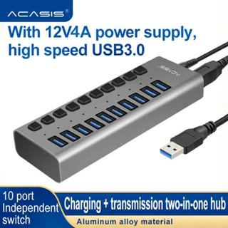 Acasis ฮับข้อมูล USB 3.0 10 พอร์ต พร้อมสวิตช์เปิด ปิด และอะแดปเตอร์พาวเวอร์ 12V 4A ตัวแยก USB 3.0 สําหรับแล็ปท็อป พีซี คอมพิวเตอร์ มือถือ HDD
