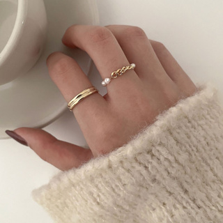 แหวน ชุบทอง ประดับไข่มุก หรูหรา แบบเรียบง่าย สําหรับผู้หญิง สองชิ้น