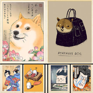 โปสเตอร์ภาพวาดผ้าใบ รูปแมว Doge Meme สีดํา สีขาว สไตล์ญี่ปุ่น สําหรับตกแต่งบ้าน ห้อง
