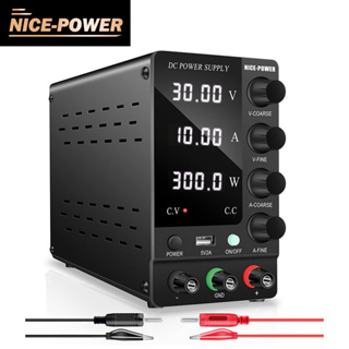 Nice-power พาวเวอร์ซัพพลาย DC ตัวแปร: สวิตช์ปรับได้ 30V 10A ความแม่นยําสูง 4 หลัก จอแสดงผล LED 5V 2A พอร์ต USB เอาท์พุต และสายไฟอินพุต