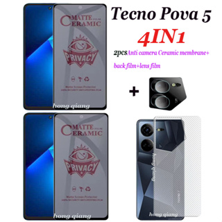(4in1) Tecno Pova 5 Pova 5 Pro ฟิล์มกระจกนิรภัย ป้องกันการแอบมอง Tecno Pova 3 Pova 4 Pova 4 Pro Pova 2 2 ชิ้น ฟิล์มกันรอยหน้าจอ เต็มจอ + ฟิล์มหลัง คาร์บอนไฟเบอร์