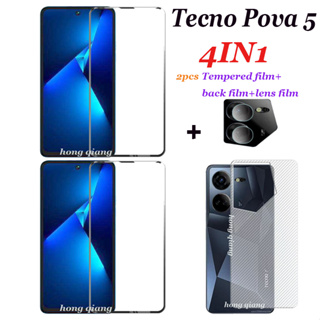 (4in1) ฟิล์มกระจกนิรภัยกันรอยหน้าจอ ฟิล์มคาร์บอนไฟเบอร์ ฟิล์มเลนส์กล้อง สําหรับ Tecno Pova 5 Pova 5 Protecno Pova 4 3 2 2 ชิ้น