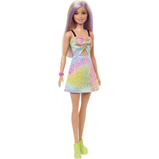 Barbie Fashionistas Doll #190 with Purple-Streaked Blonde Hair, Romper Dress, Yellow Wedge Sneakers &amp; Bracelet Accessory HBV22 ตุ๊กตาบาร์บี้แฟชั่น ตุ๊กตาบาร์บี้ #190 ชุดรอมเปอร์ รองเท้าผ้าใบ และสร้อยข้อมือ แต่งแถบสีม่วงบลอนด์ HBV22