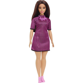 Barbie Fashionistas Doll #188 with Curvy Shape, Black Hair, Checkered Dress, Pink Sneakers &amp; Necklace Accessory HBV20 ตุ๊กตาบาร์บี้แฟชั่น ตุ๊กตาบาร์บี้ #188 รองเท้าผ้าใบ ลายตารางหมากรุก ผมสีดํา สีชมพู พร้อมสร้อยคอ อุปกรณ์เสริม HBV20