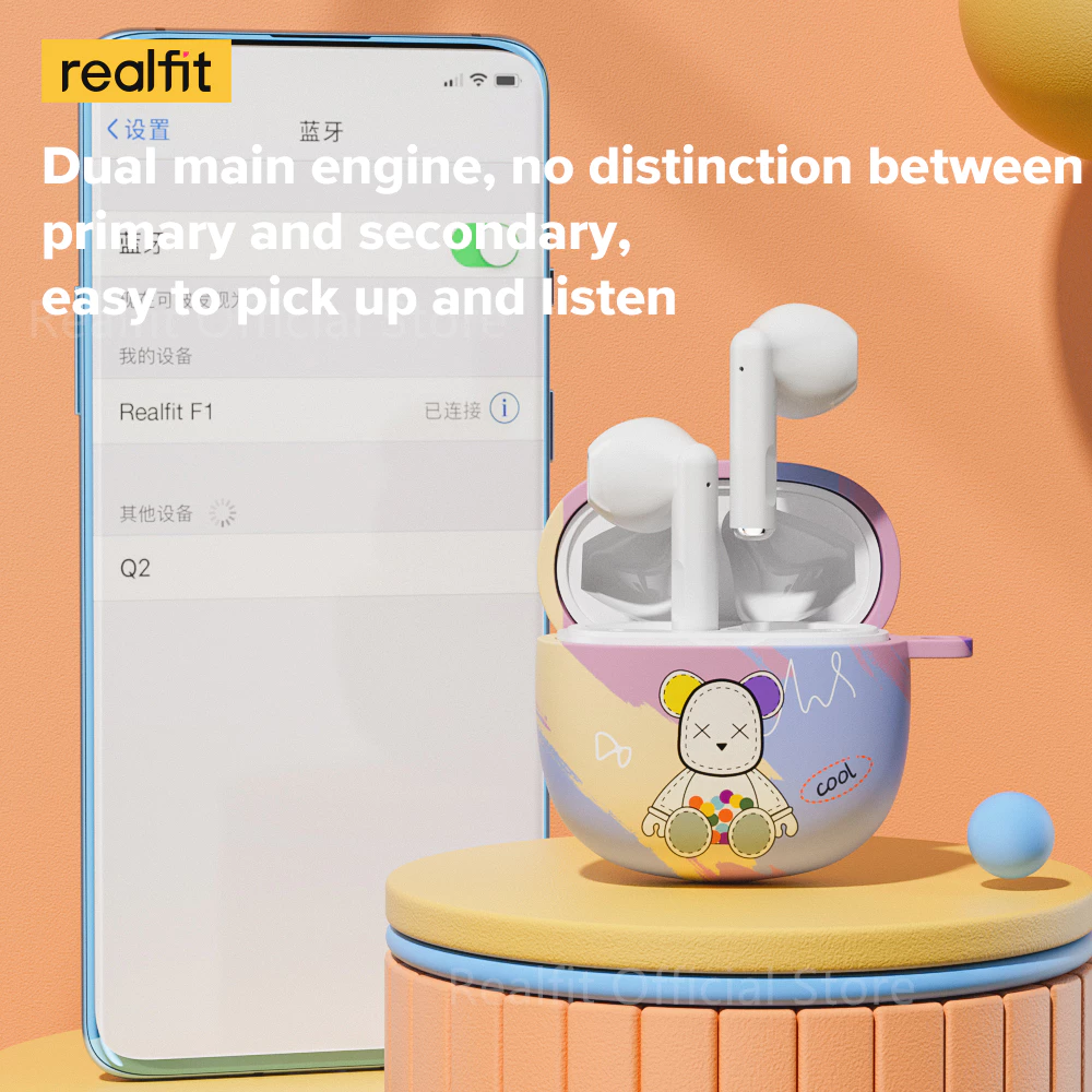 realfit F1 Mini Bass Tws หูฟังบลูทูธไร้สาย Bluetooth 5.3 หูฟัง พร้อมเคสป้องกันน่ารัก